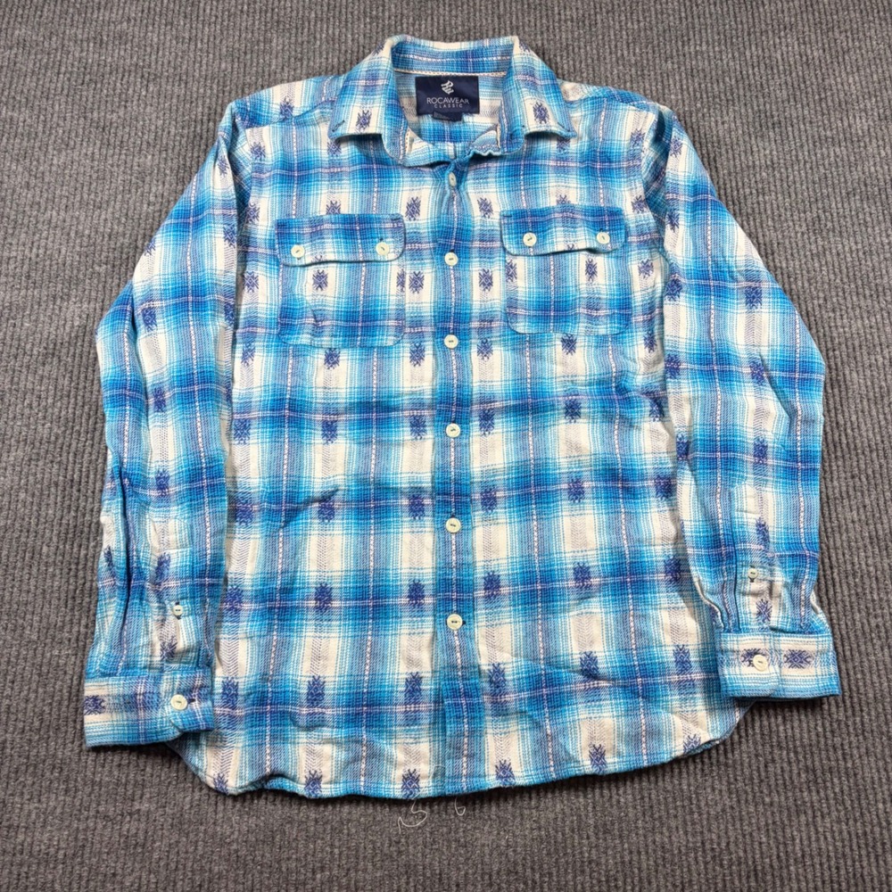 Rocawear Shirt Men's L Classic Blue Plaid Button Up Long Sleeve Cotton Pocket‎